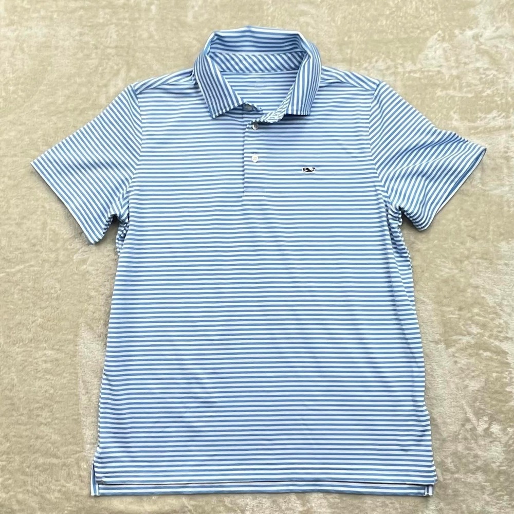 Vineyard Vines Boys Sankaty Performance Polo Shirt Blue White Striped Size L